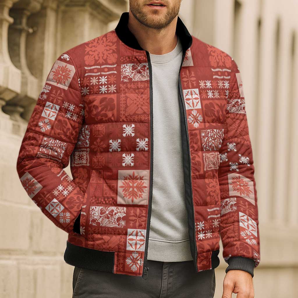 Vintage Hawaiian Quilting Patterns Bomber Puffer Jacket Red Style Tribal Fabric Patchwork - Polynesian Pride