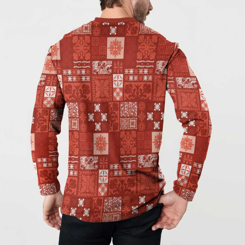 Vintage Hawaiian Quilting Patterns Button Sweatshirt Red Style Tribal Fabric Patchwork - Polynesian Pride