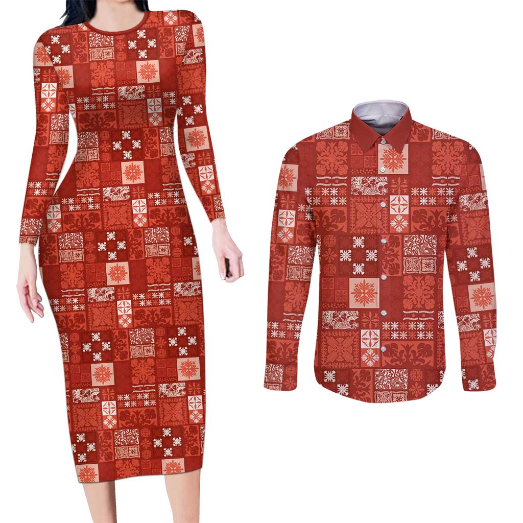 Vintage Hawaiian Quilting Patterns Couples Matching Long Sleeve Bodycon Dress and Long Sleeve Button Shirt Red Style Tribal Fabric Patchwork - Polynesian Pride