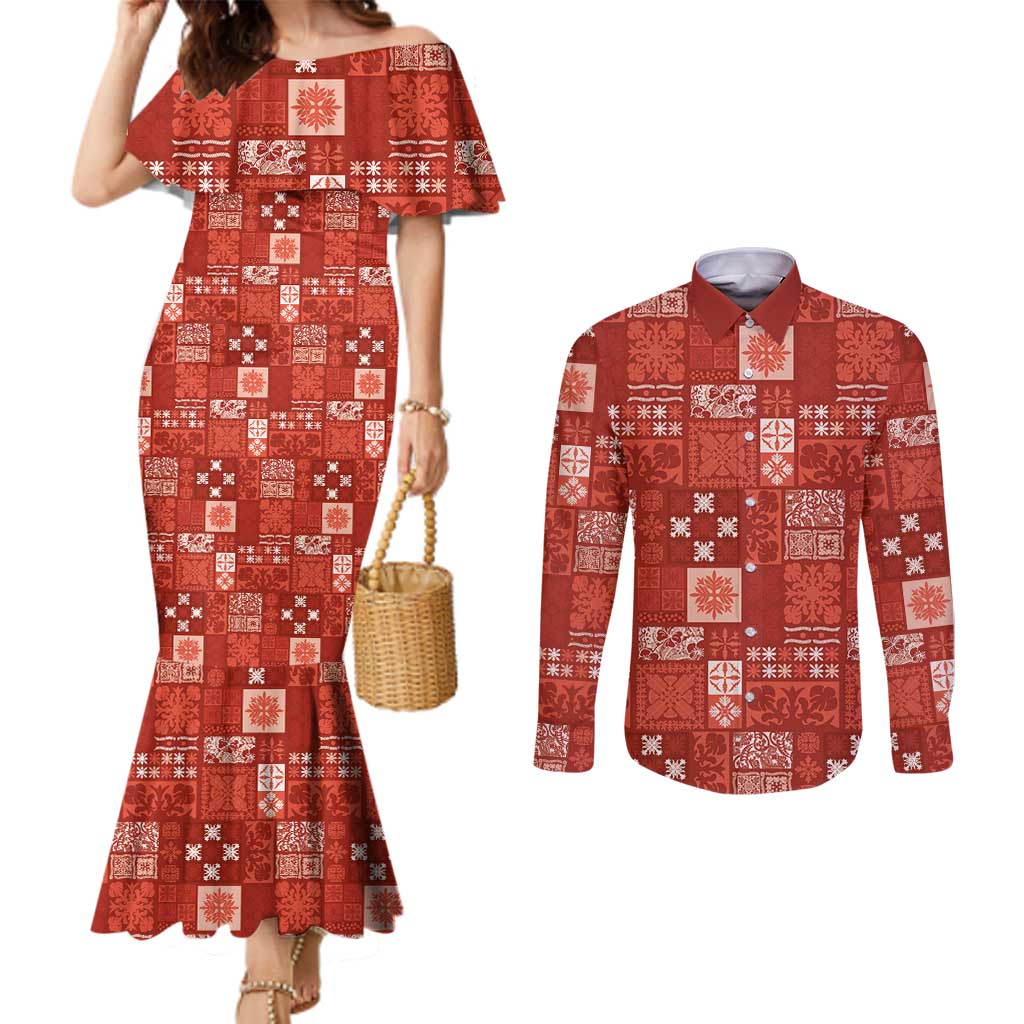 Vintage Hawaiian Quilting Patterns Couples Matching Mermaid Dress and Long Sleeve Button Shirt Red Style Tribal Fabric Patchwork - Polynesian Pride