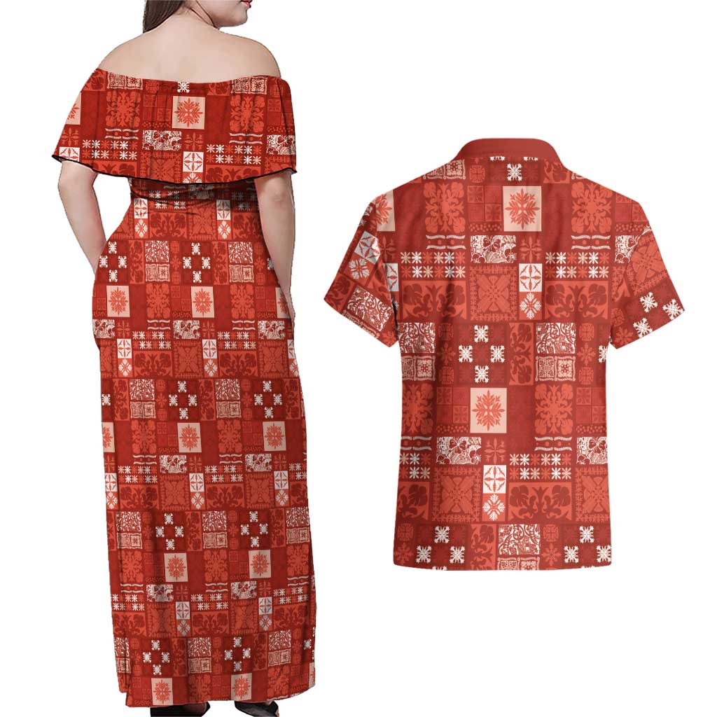 Vintage Hawaiian Quilting Patterns Couples Matching Off Shoulder Maxi Dress and Hawaiian Shirt Red Style Tribal Fabric Patchwork - Polynesian Pride