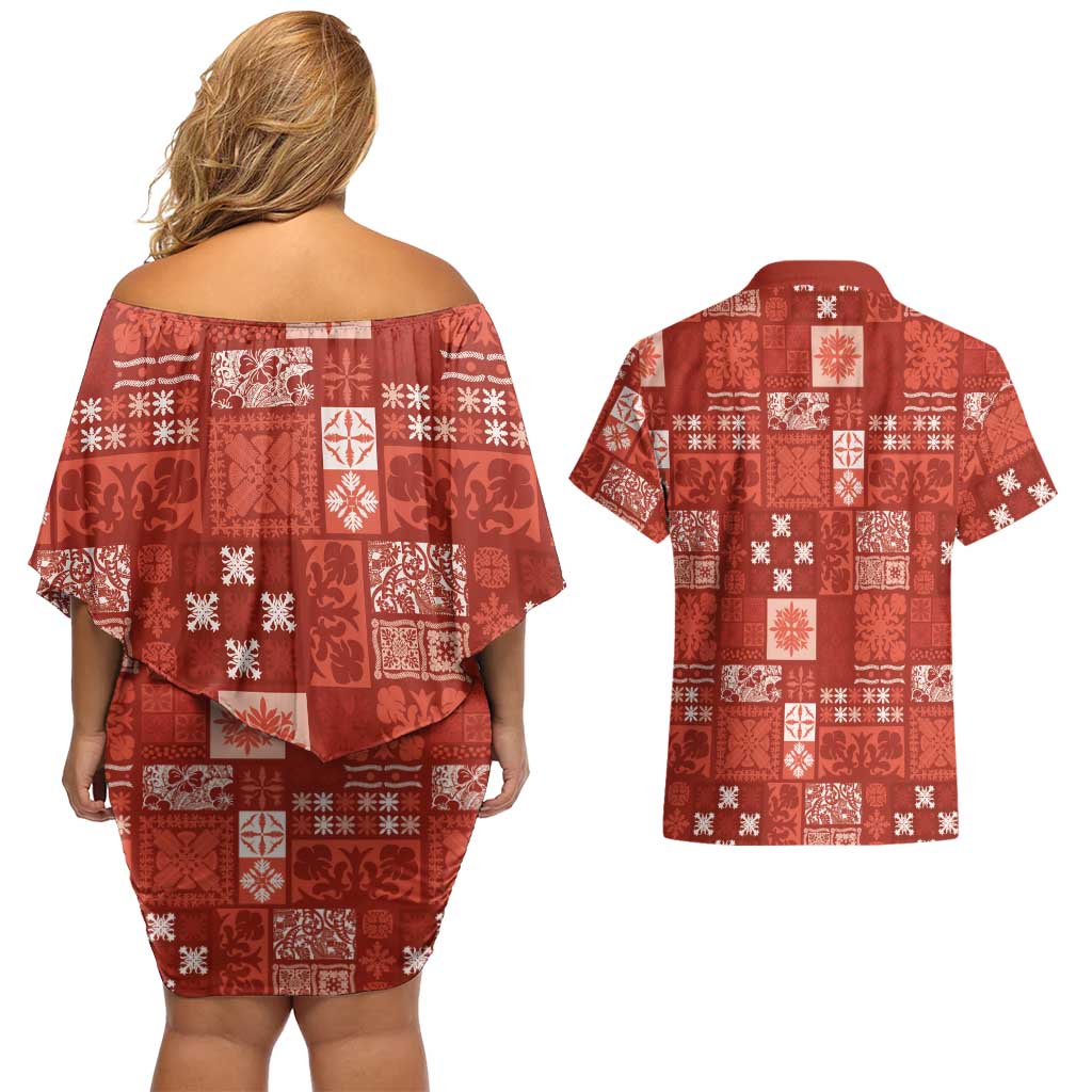 Vintage Hawaiian Quilting Patterns Couples Matching Off Shoulder Short Dress and Hawaiian Shirt Red Style Tribal Fabric Patchwork - Polynesian Pride