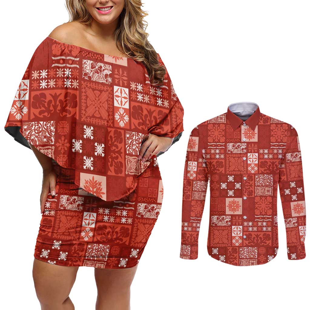 Vintage Hawaiian Quilting Patterns Couples Matching Off Shoulder Short Dress and Long Sleeve Button Shirt Red Style Tribal Fabric Patchwork - Polynesian Pride