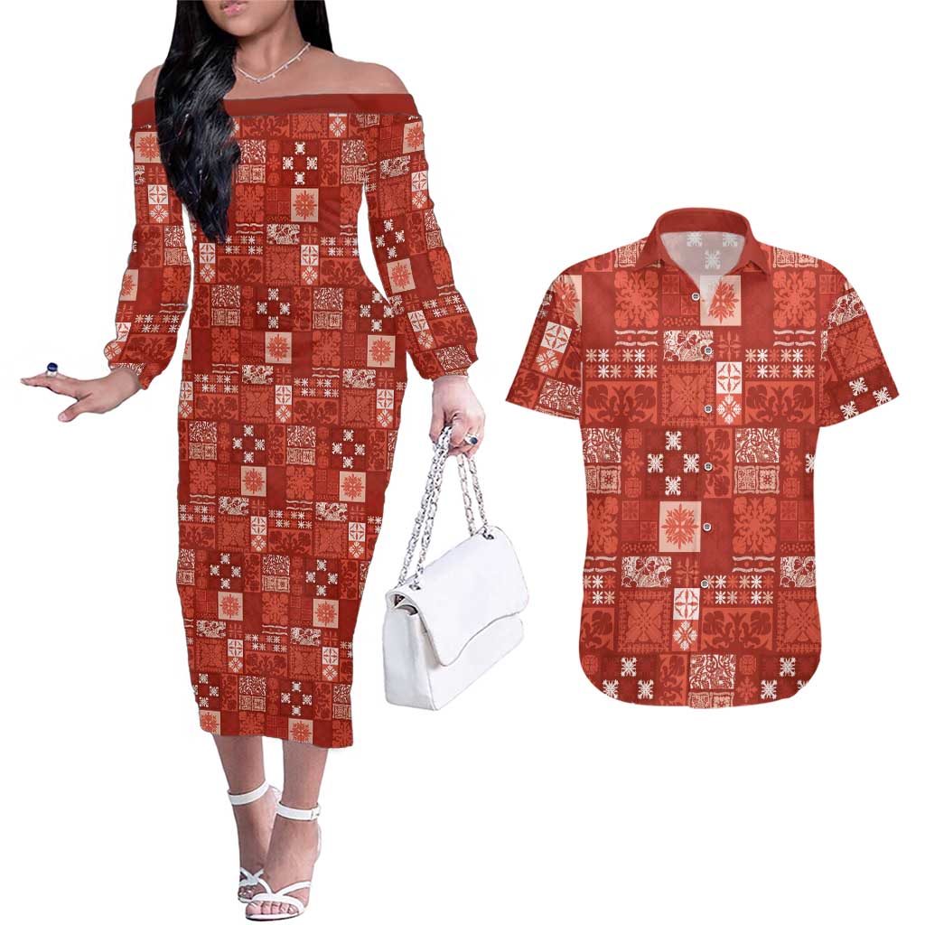 Vintage Hawaiian Quilting Patterns Couples Matching Off The Shoulder Long Sleeve Dress and Hawaiian Shirt Red Style Tribal Fabric Patchwork - Polynesian Pride