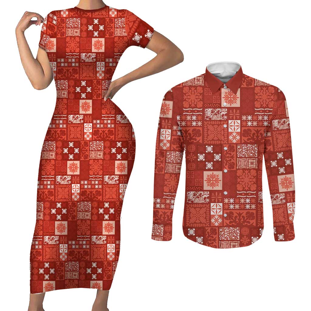 Vintage Hawaiian Quilting Patterns Couples Matching Short Sleeve Bodycon Dress and Long Sleeve Button Shirt Red Style Tribal Fabric Patchwork - Polynesian Pride