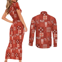 Vintage Hawaiian Quilting Patterns Couples Matching Short Sleeve Bodycon Dress and Long Sleeve Button Shirt Red Style Tribal Fabric Patchwork - Polynesian Pride