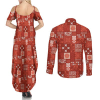 Vintage Hawaiian Quilting Patterns Couples Matching Summer Maxi Dress and Long Sleeve Button Shirt Red Style Tribal Fabric Patchwork - Polynesian Pride