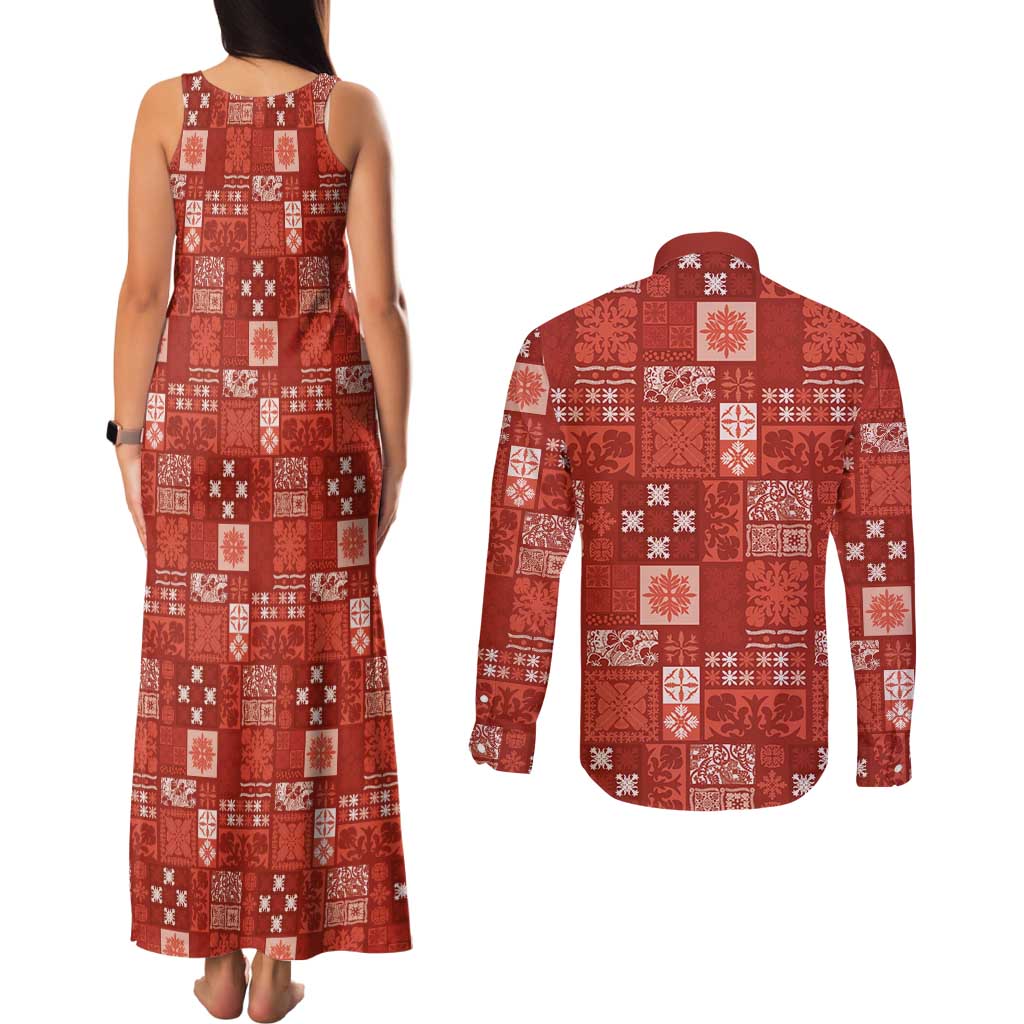Vintage Hawaiian Quilting Patterns Couples Matching Tank Maxi Dress and Long Sleeve Button Shirt Red Style Tribal Fabric Patchwork - Polynesian Pride