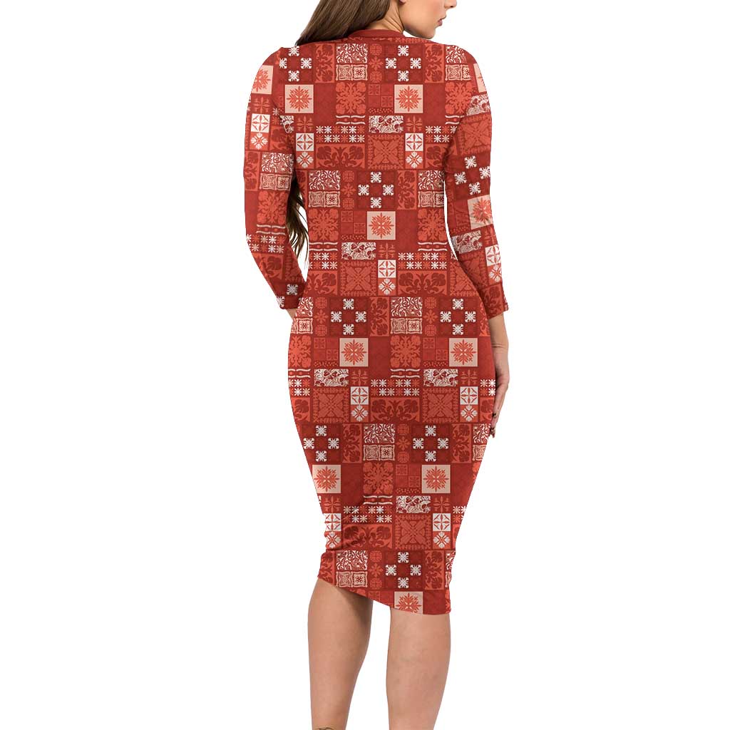 Vintage Hawaiian Quilting Patterns Family Matching Long Sleeve Bodycon Dress and Hawaiian Shirt Red Style Tribal Fabric Patchwork LT9 - Polynesian Pride