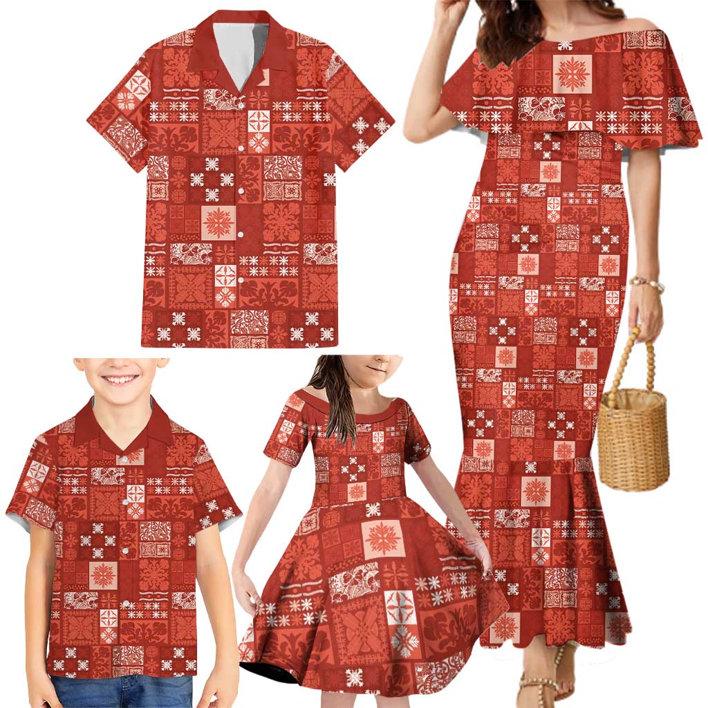 Vintage Hawaiian Quilting Patterns Family Matching Mermaid Dress and Hawaiian Shirt Red Style Tribal Fabric Patchwork LT9 - Polynesian Pride