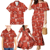 Vintage Hawaiian Quilting Patterns Family Matching Mermaid Dress and Hawaiian Shirt Red Style Tribal Fabric Patchwork LT9 - Polynesian Pride