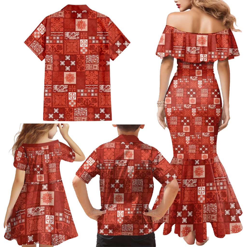 Vintage Hawaiian Quilting Patterns Family Matching Mermaid Dress and Hawaiian Shirt Red Style Tribal Fabric Patchwork LT9 - Polynesian Pride