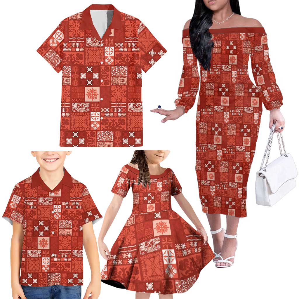 Vintage Hawaiian Quilting Patterns Family Matching Off The Shoulder Long Sleeve Dress and Hawaiian Shirt Red Style Tribal Fabric Patchwork - Polynesian Pride