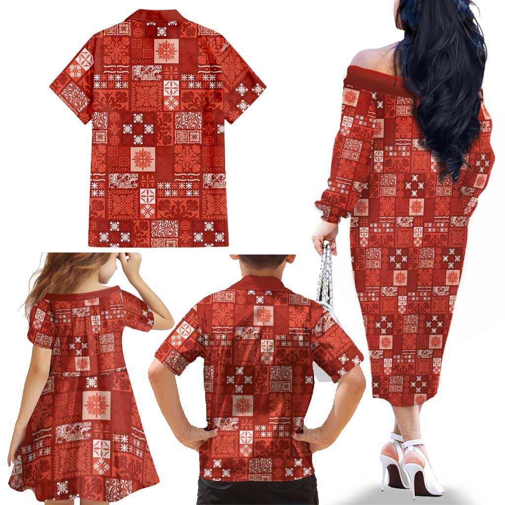 Vintage Hawaiian Quilting Patterns Family Matching Off The Shoulder Long Sleeve Dress and Hawaiian Shirt Red Style Tribal Fabric Patchwork LT9 - Polynesian Pride