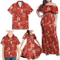 Vintage Hawaiian Quilting Patterns Family Matching Off Shoulder Maxi Dress and Hawaiian Shirt Red Style Tribal Fabric Patchwork LT9 - Polynesian Pride