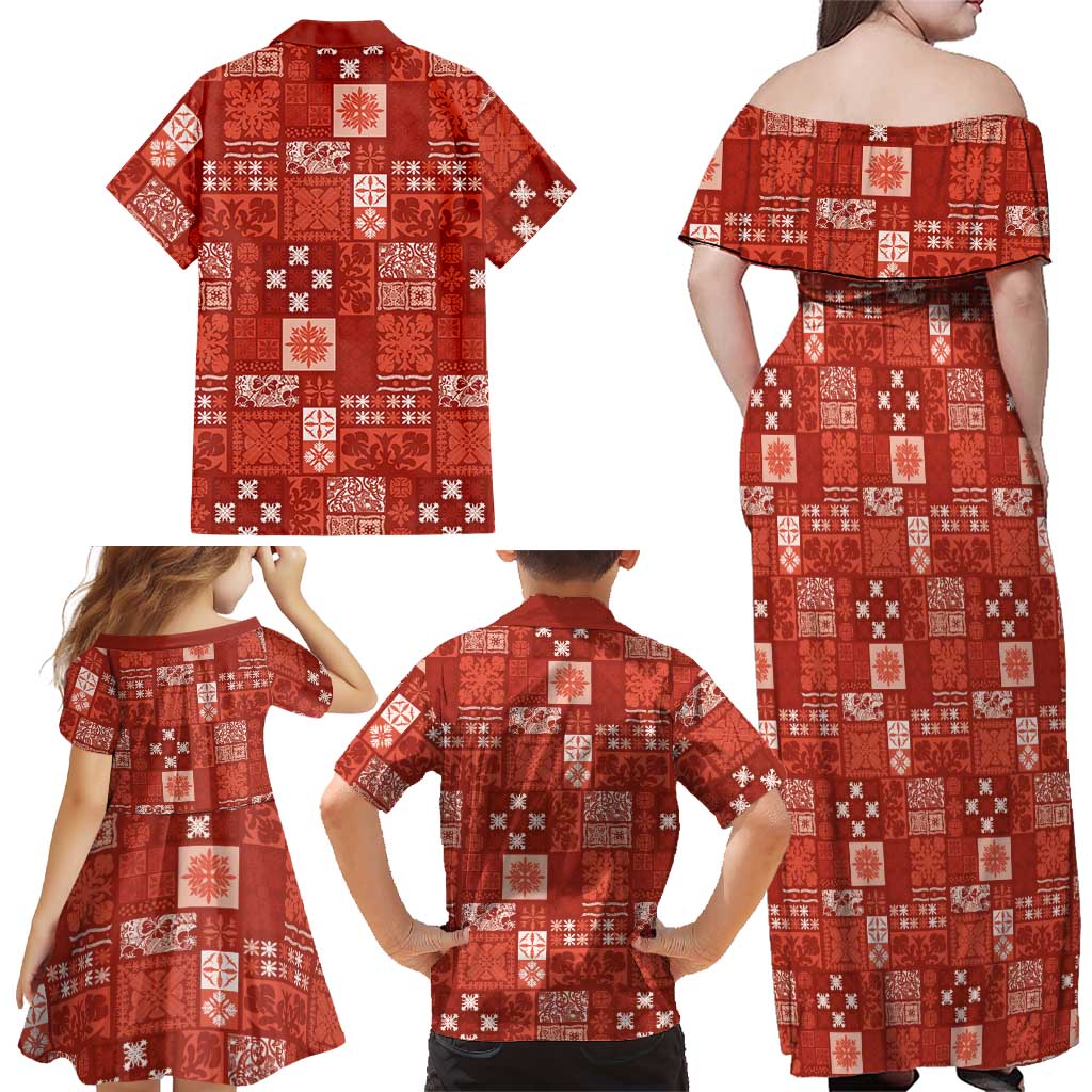 Vintage Hawaiian Quilting Patterns Family Matching Off Shoulder Maxi Dress and Hawaiian Shirt Red Style Tribal Fabric Patchwork LT9 - Polynesian Pride
