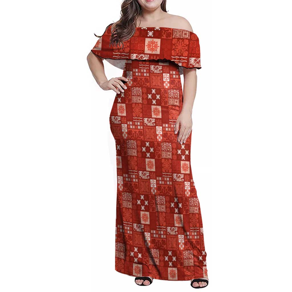 Vintage Hawaiian Quilting Patterns Family Matching Off Shoulder Maxi Dress and Hawaiian Shirt Red Style Tribal Fabric Patchwork LT9 Mom's Dress Red - Polynesian Pride