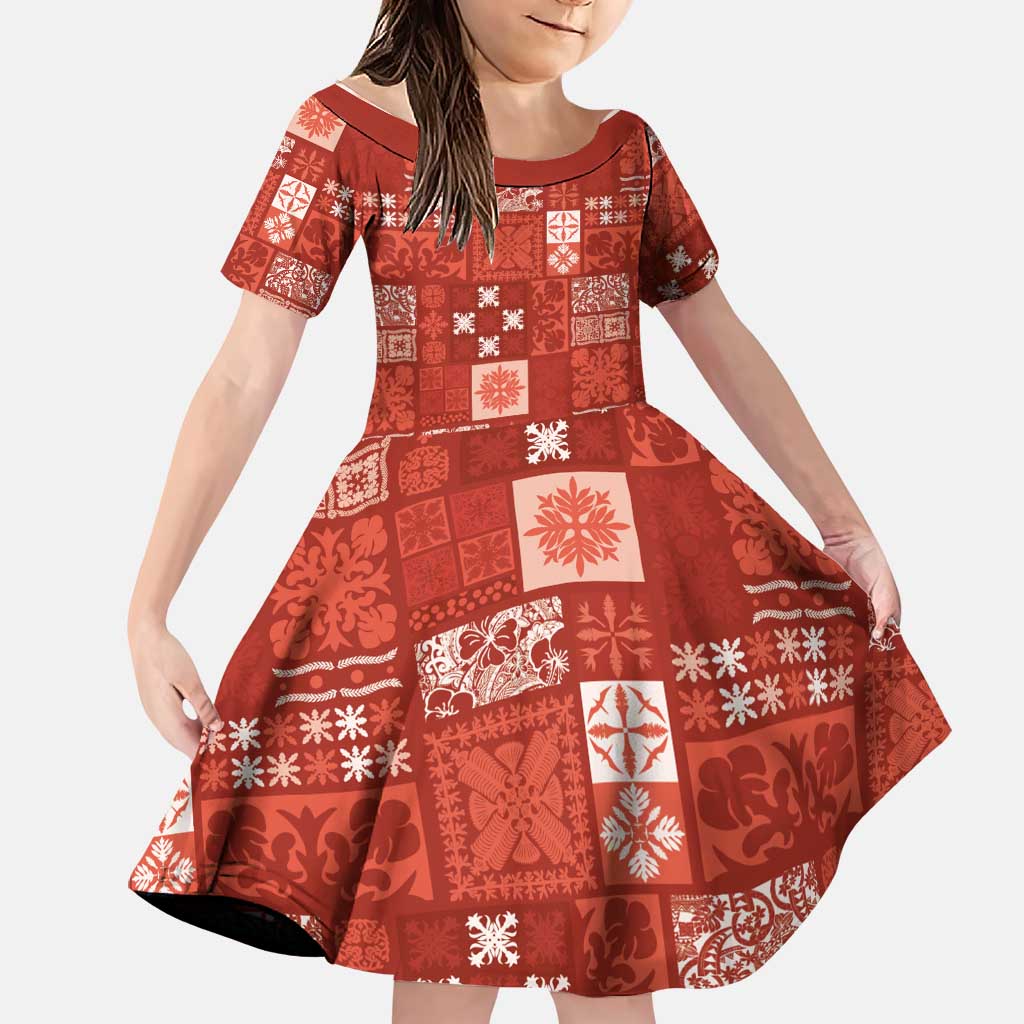 Vintage Hawaiian Quilting Patterns Family Matching Off Shoulder Short Dress and Hawaiian Shirt Red Style Tribal Fabric Patchwork LT9 Daughter's Dress Red - Polynesian Pride
