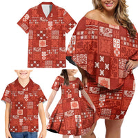 Vintage Hawaiian Quilting Patterns Family Matching Off Shoulder Short Dress and Hawaiian Shirt Red Style Tribal Fabric Patchwork LT9 - Polynesian Pride