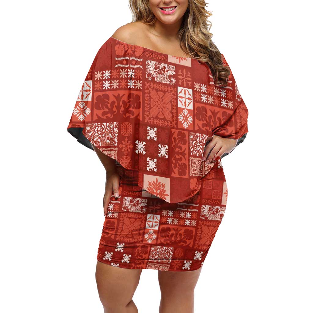 Vintage Hawaiian Quilting Patterns Family Matching Off Shoulder Short Dress and Hawaiian Shirt Red Style Tribal Fabric Patchwork LT9 Mom's Dress Red - Polynesian Pride