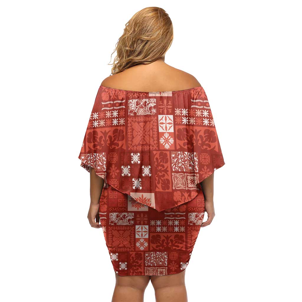 Vintage Hawaiian Quilting Patterns Family Matching Off Shoulder Short Dress and Hawaiian Shirt Red Style Tribal Fabric Patchwork LT9 - Polynesian Pride