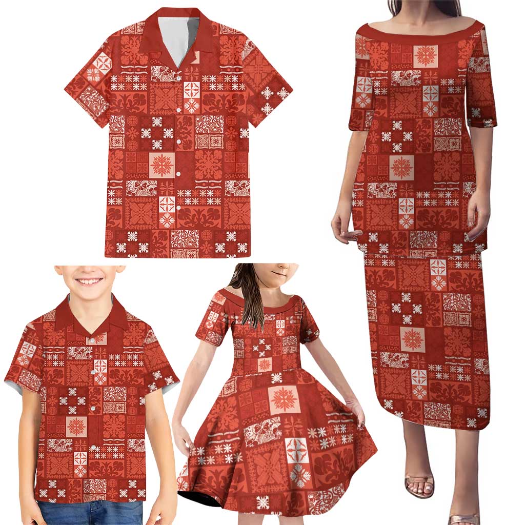 Vintage Hawaiian Quilting Patterns Family Matching Puletasi and Hawaiian Shirt Red Style Tribal Fabric Patchwork - Polynesian Pride