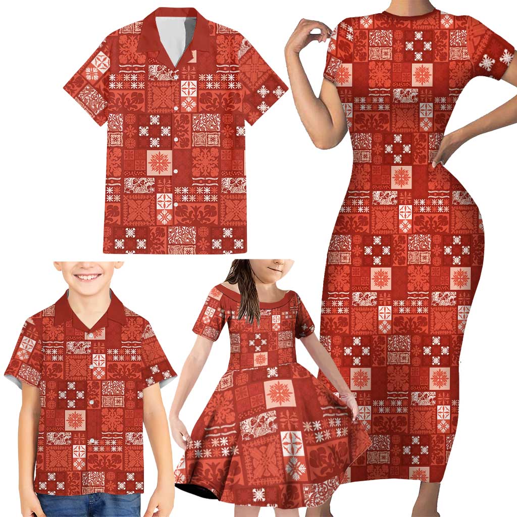 Vintage Hawaiian Quilting Patterns Family Matching Short Sleeve Bodycon Dress and Hawaiian Shirt Red Style Tribal Fabric Patchwork LT9 - Polynesian Pride