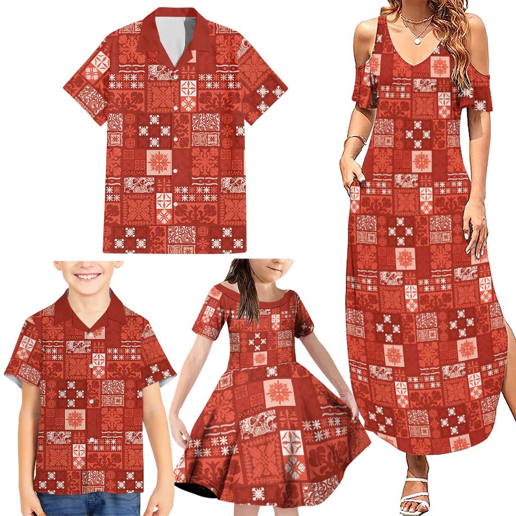 Vintage Hawaiian Quilting Patterns Family Matching Summer Maxi Dress and Hawaiian Shirt Red Style Tribal Fabric Patchwork LT9 - Polynesian Pride