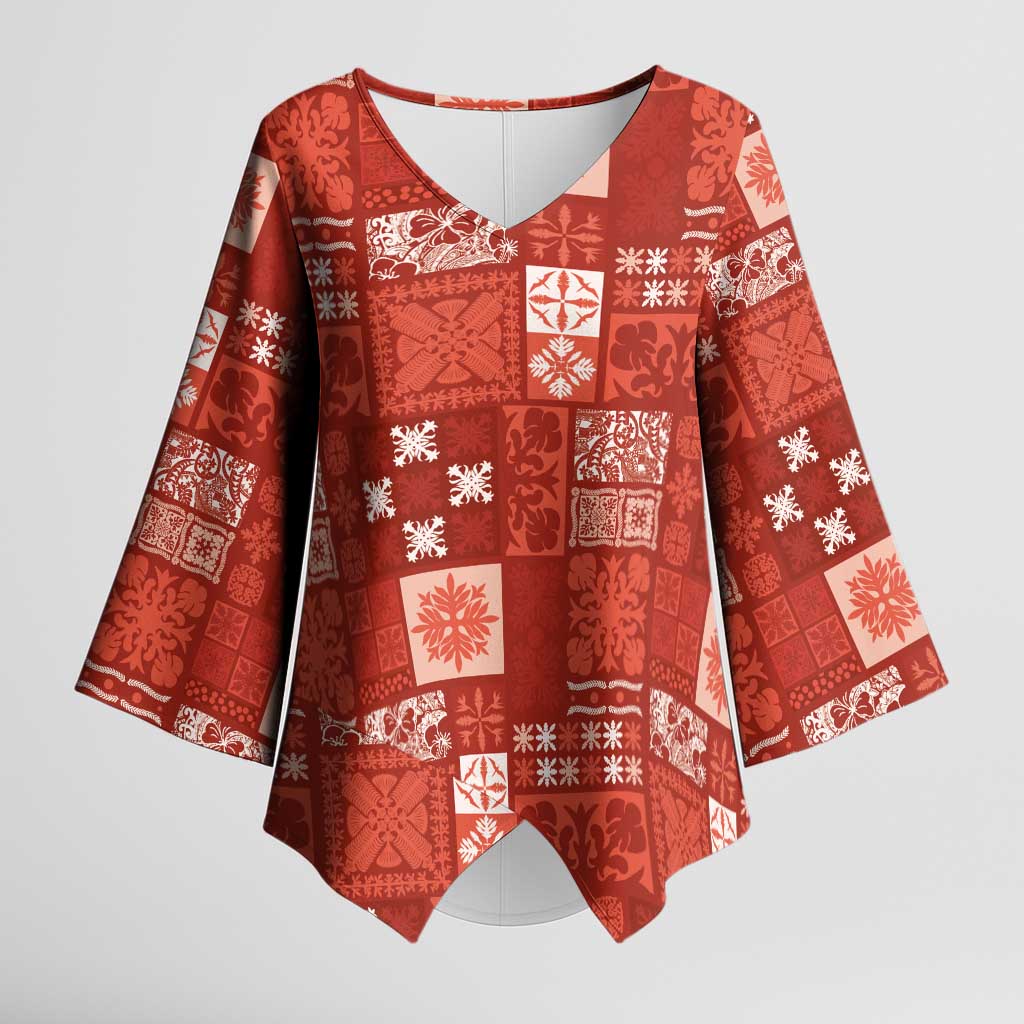 Vintage Hawaiian Quilting Patterns Kimono Sleeve Blouse Red Style Tribal Fabric Patchwork LT9 Female Red - Polynesian Pride