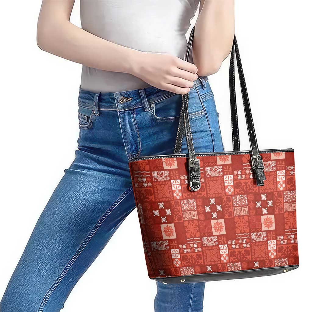 Vintage Hawaiian Quilting Patterns Leather Tote Bag Red Style Tribal Fabric Patchwork - Polynesian Pride