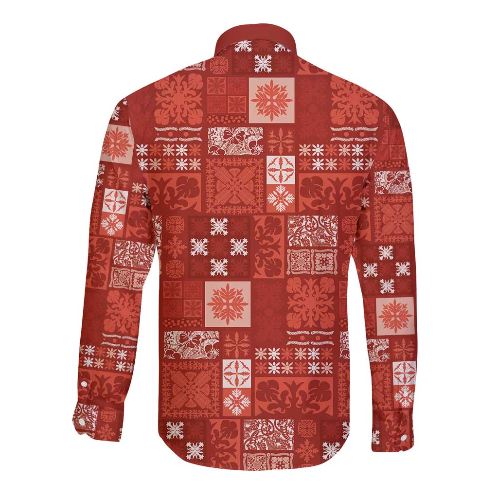 Vintage Hawaiian Quilting Patterns Long Sleeve Button Shirt Red Style Tribal Fabric Patchwork - Polynesian Pride