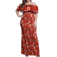 Vintage Hawaiian Quilting Patterns Off Shoulder Maxi Dress Red Style Tribal Fabric Patchwork - Polynesian Pride