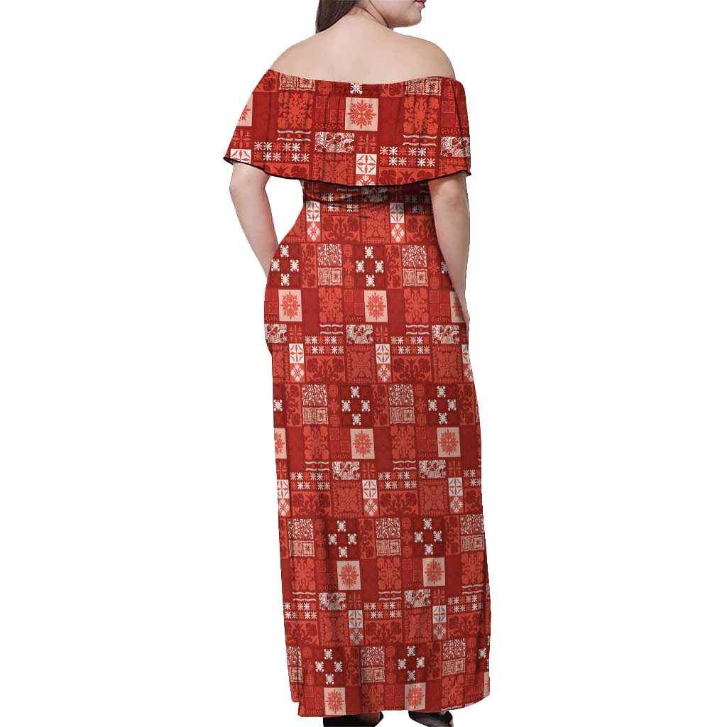 Vintage Hawaiian Quilting Patterns Off Shoulder Maxi Dress Red Style Tribal Fabric Patchwork - Polynesian Pride