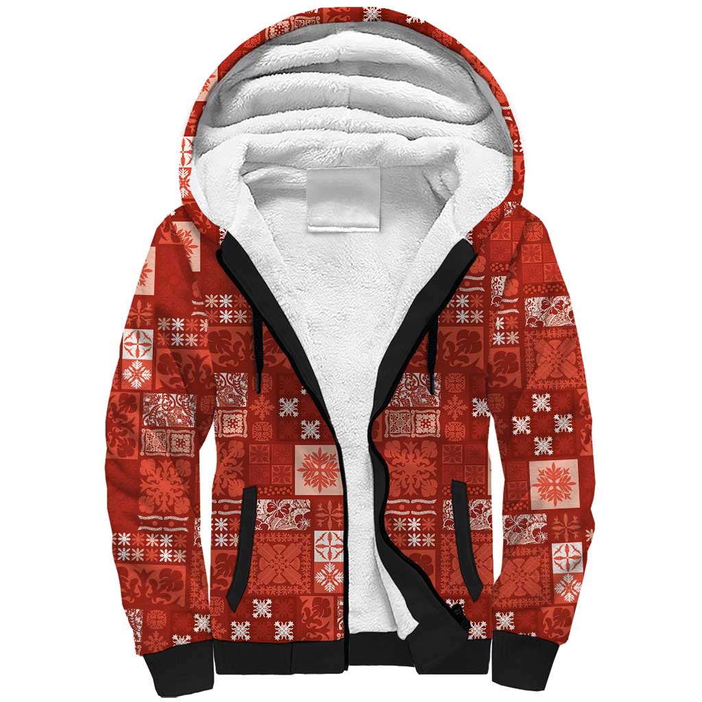 Vintage Hawaiian Quilting Patterns Sherpa Hoodie Red Style Tribal Fabric Patchwork LT9 Unisex Red - Polynesian Pride