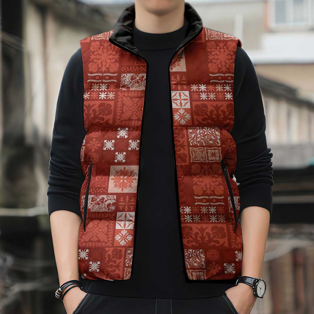 Vintage Hawaiian Quilting Patterns Sleeveless Puffer Jacket Red Style Tribal Fabric Patchwork - Polynesian Pride