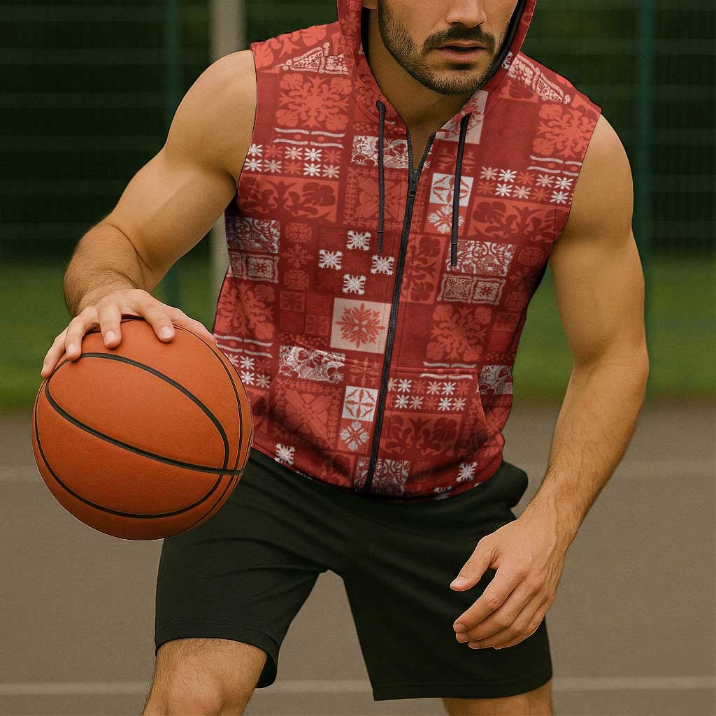 Vintage Hawaiian Quilting Patterns Sleeveless Zip Hoodie Red Style Tribal Fabric Patchwork - Polynesian Pride