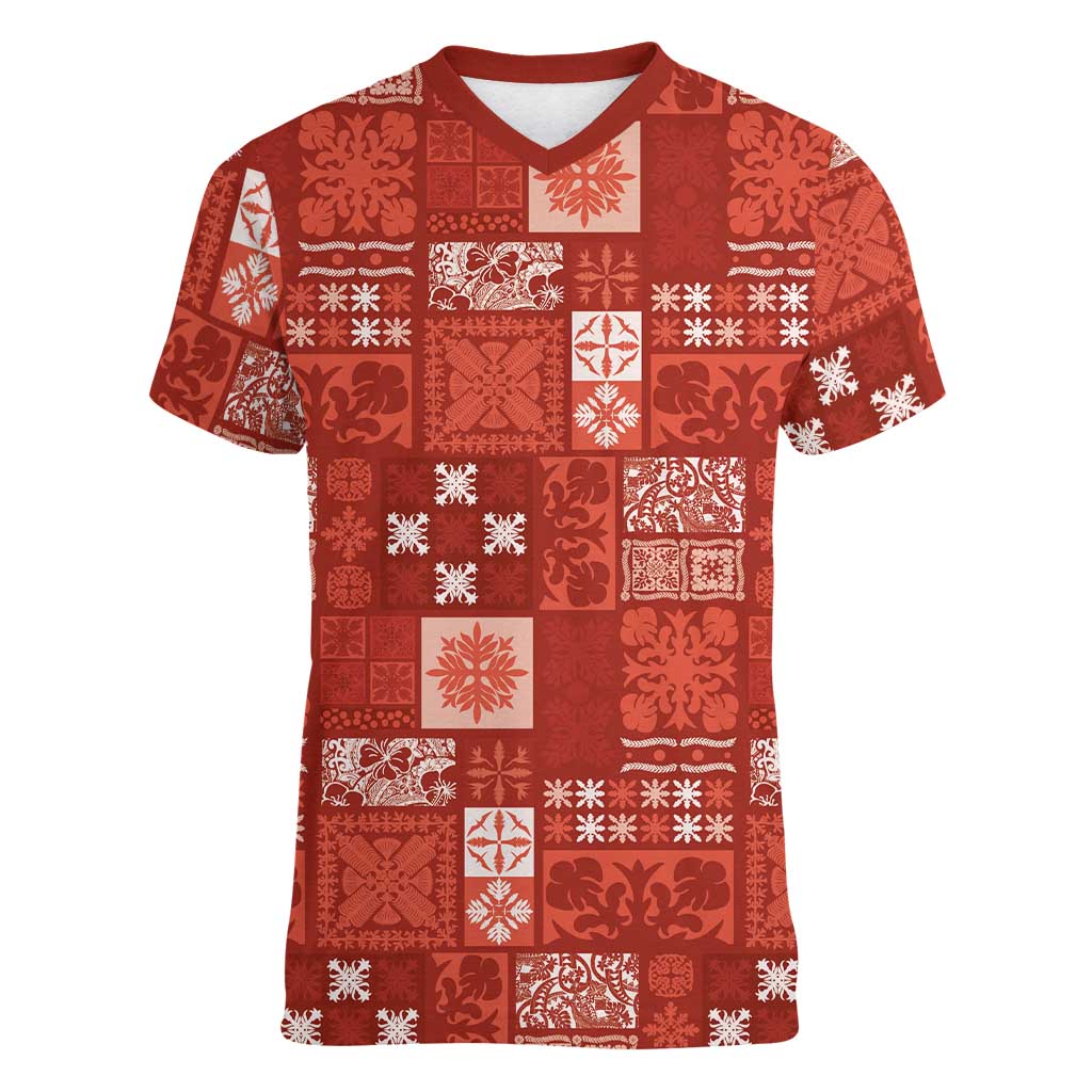 Vintage Hawaiian Quilting Patterns Women V-Neck T-Shirt Red Style Tribal Fabric Patchwork - Polynesian Pride