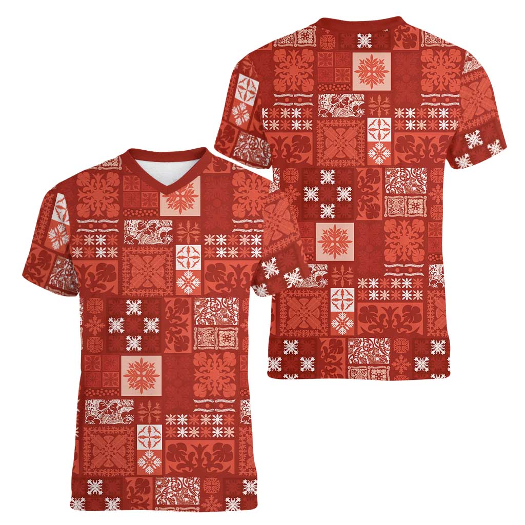 Vintage Hawaiian Quilting Patterns Women V-Neck T-Shirt Red Style Tribal Fabric Patchwork - Polynesian Pride