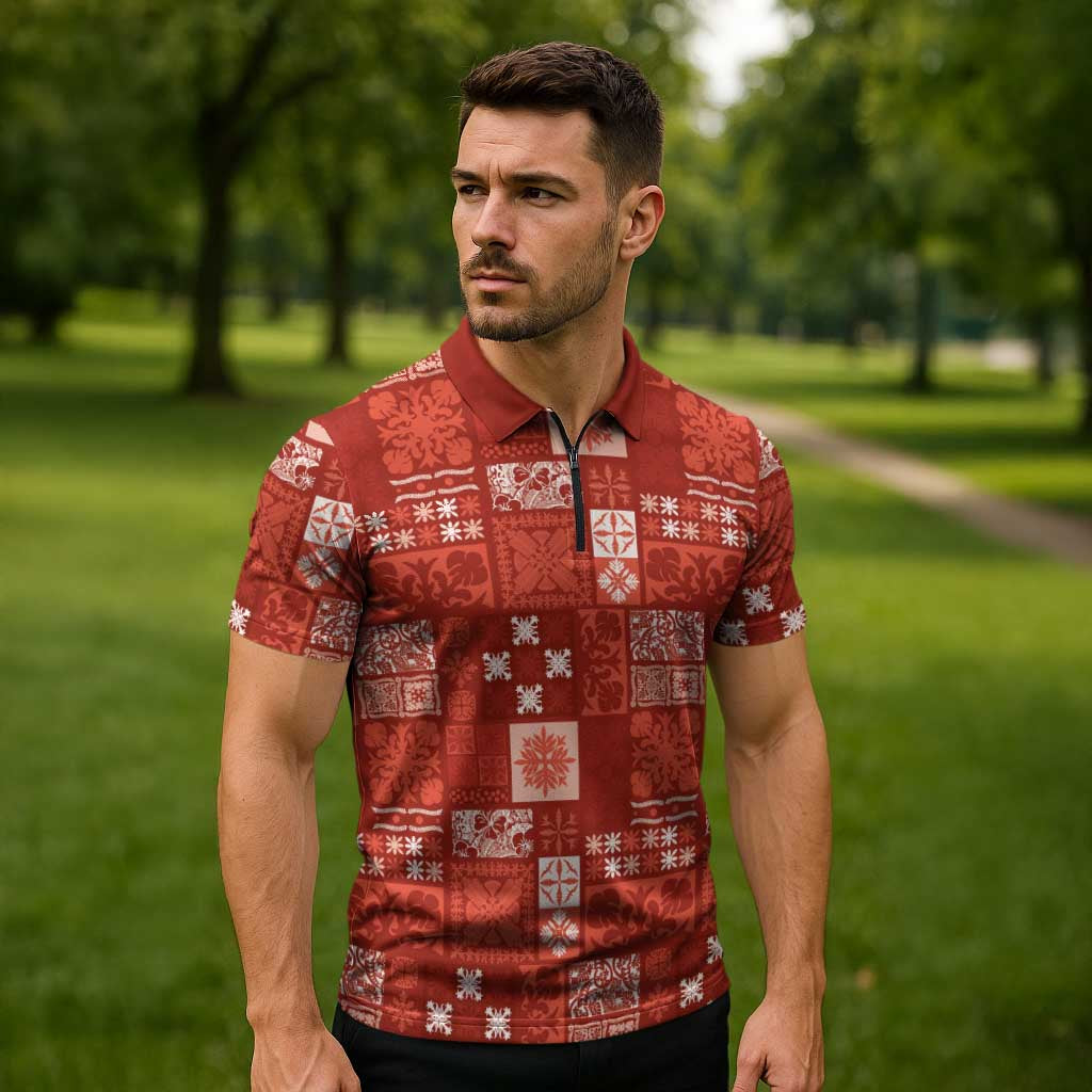 Vintage Hawaiian Quilting Patterns Zipper Polo Shirt Red Style Tribal Fabric Patchwork - Polynesian Pride