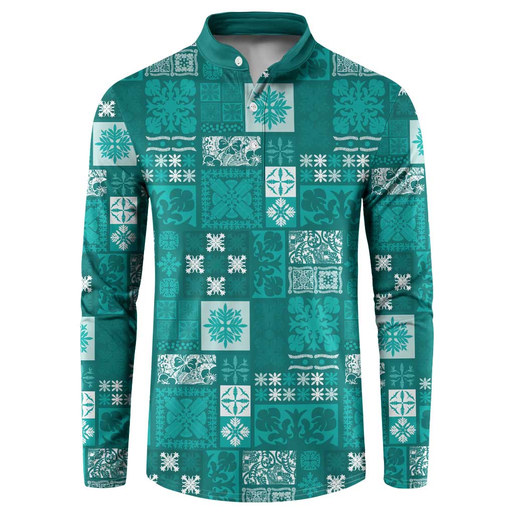 Vintage Hawaiian Quilting Patterns Button Sweatshirt Turquoise Style Tribal Fabric Patchwork - Polynesian Pride