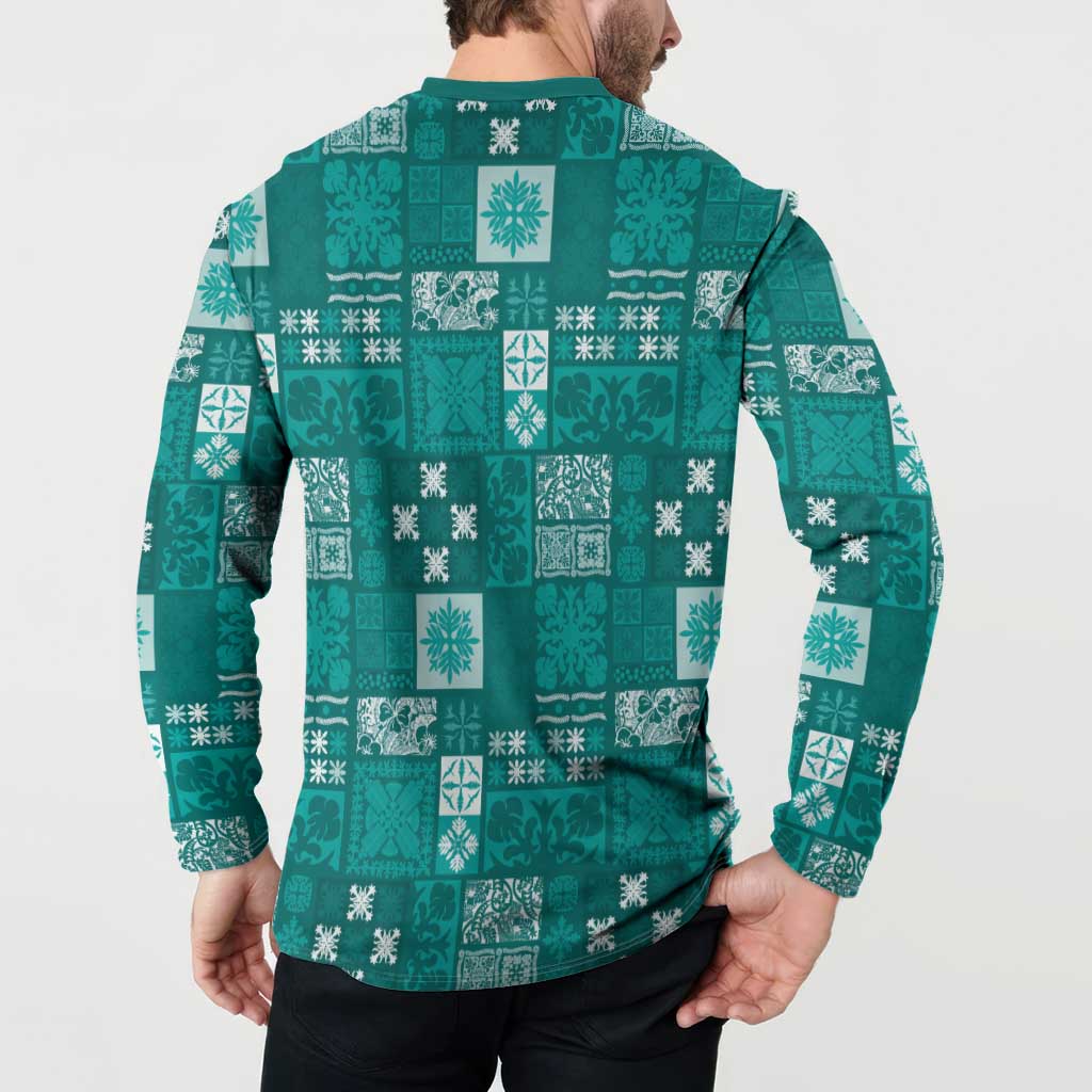 Vintage Hawaiian Quilting Patterns Button Sweatshirt Turquoise Style Tribal Fabric Patchwork - Polynesian Pride