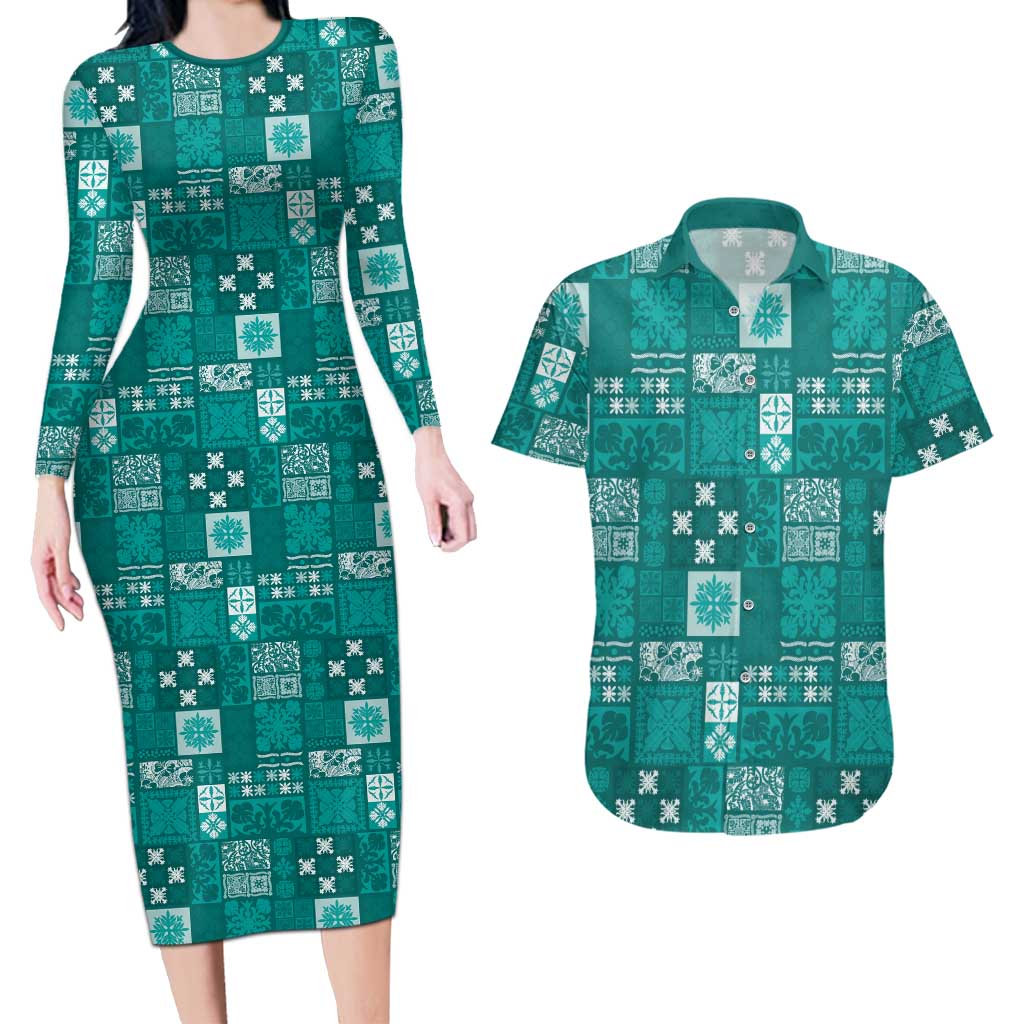 Vintage Hawaiian Quilting Patterns Couples Matching Long Sleeve Bodycon Dress and Hawaiian Shirt Turquoise Style Tribal Fabric Patchwork LT9 Turquoise - Polynesian Pride