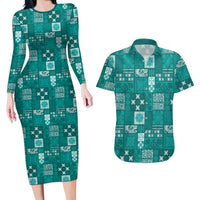 Vintage Hawaiian Quilting Patterns Couples Matching Long Sleeve Bodycon Dress and Hawaiian Shirt Turquoise Style Tribal Fabric Patchwork LT9 Turquoise - Polynesian Pride