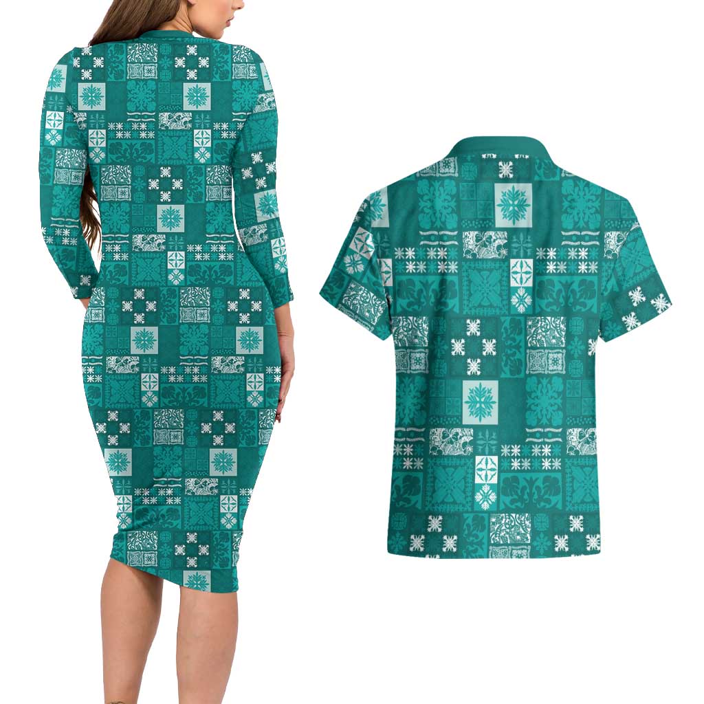 Vintage Hawaiian Quilting Patterns Couples Matching Long Sleeve Bodycon Dress and Hawaiian Shirt Turquoise Style Tribal Fabric Patchwork LT9 - Polynesian Pride