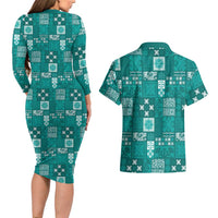Vintage Hawaiian Quilting Patterns Couples Matching Long Sleeve Bodycon Dress and Hawaiian Shirt Turquoise Style Tribal Fabric Patchwork LT9 - Polynesian Pride