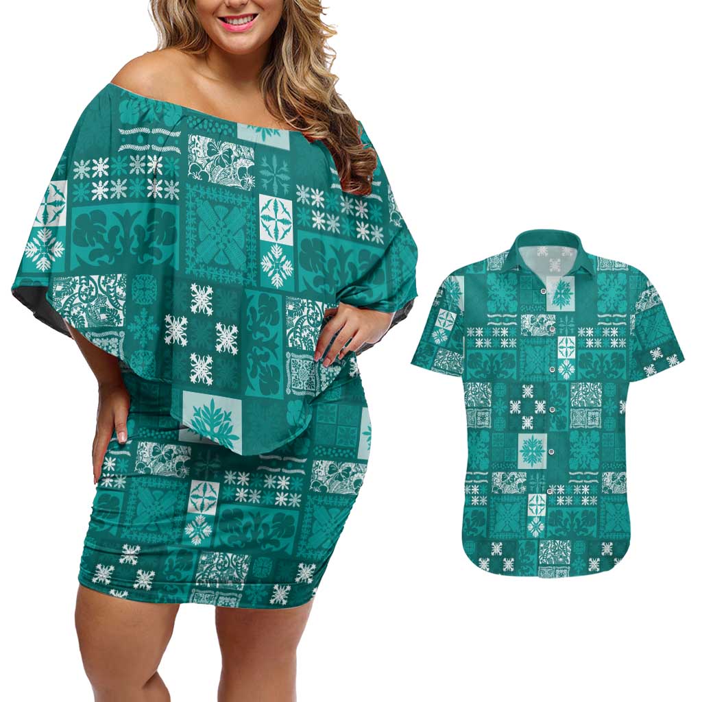 Vintage Hawaiian Quilting Patterns Couples Matching Off Shoulder Short Dress and Hawaiian Shirt Turquoise Style Tribal Fabric Patchwork LT9 Turquoise - Polynesian Pride