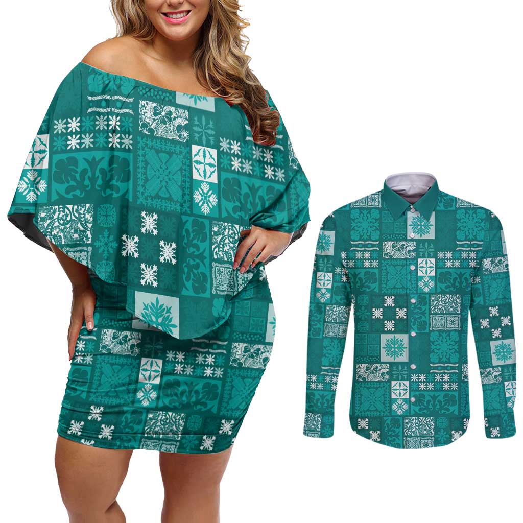 Vintage Hawaiian Quilting Patterns Couples Matching Off Shoulder Short Dress and Long Sleeve Button Shirt Turquoise Style Tribal Fabric Patchwork LT9 Turquoise - Polynesian Pride