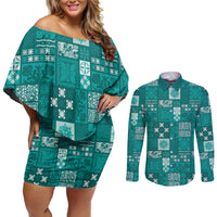 Vintage Hawaiian Quilting Patterns Couples Matching Off Shoulder Short Dress and Long Sleeve Button Shirt Turquoise Style Tribal Fabric Patchwork LT9 Turquoise - Polynesian Pride