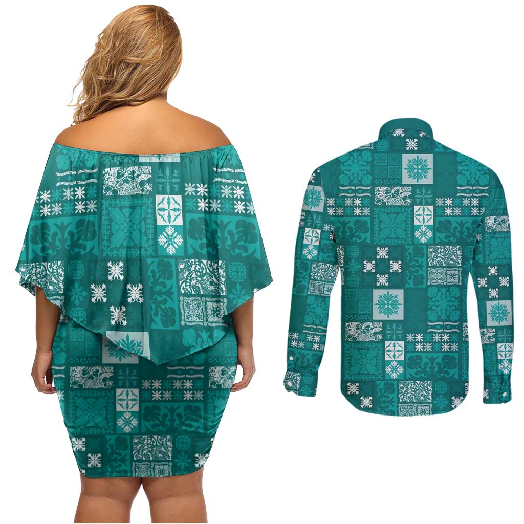 Vintage Hawaiian Quilting Patterns Couples Matching Off Shoulder Short Dress and Long Sleeve Button Shirt Turquoise Style Tribal Fabric Patchwork LT9 - Polynesian Pride