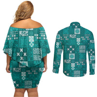 Vintage Hawaiian Quilting Patterns Couples Matching Off Shoulder Short Dress and Long Sleeve Button Shirt Turquoise Style Tribal Fabric Patchwork LT9 - Polynesian Pride